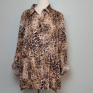 Westbound Tan Leopard Animal Print Long Sleeve Button Down Shirt Blouse Top 1X